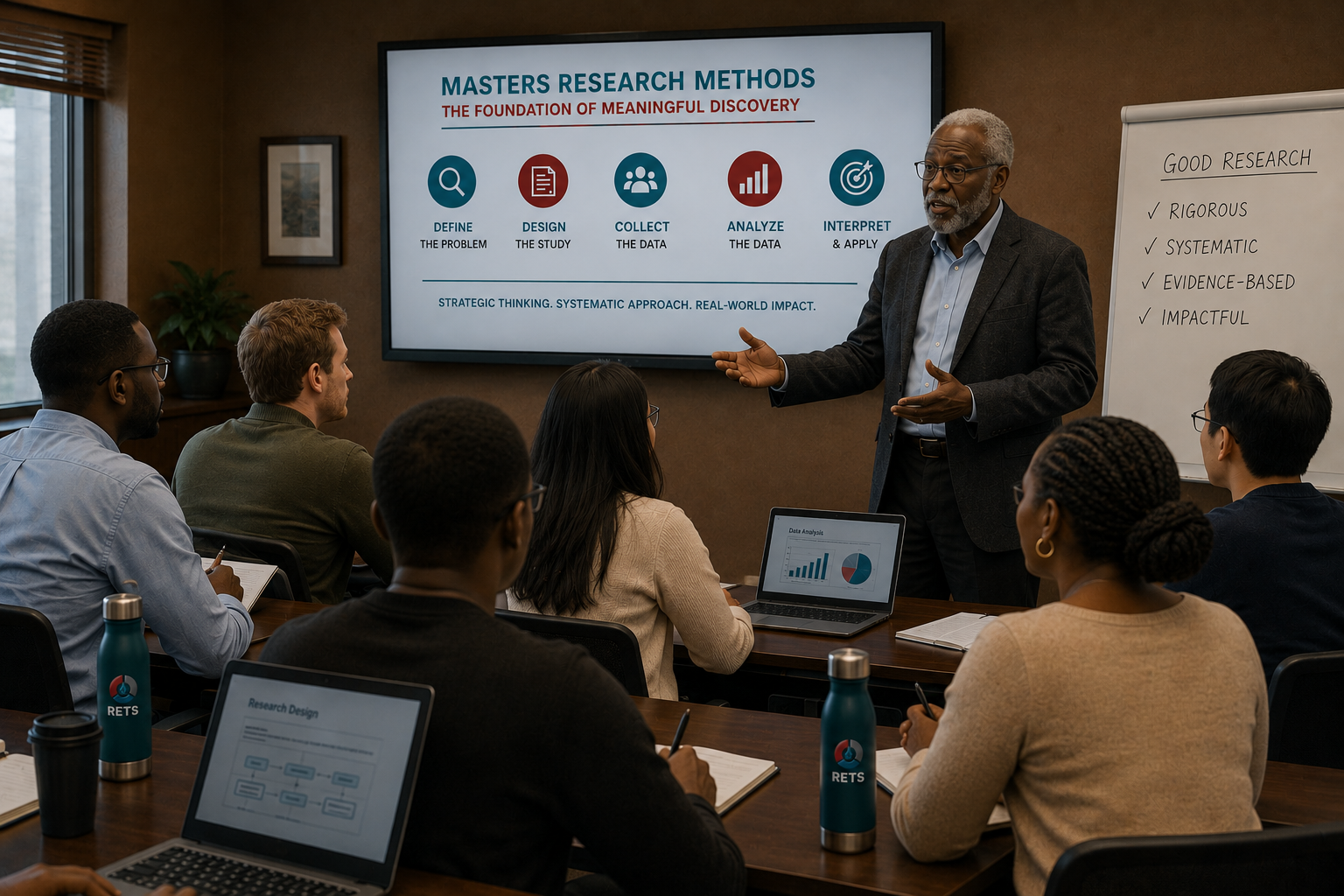 A male  professor facilitating a Research training session to  Masters stduents