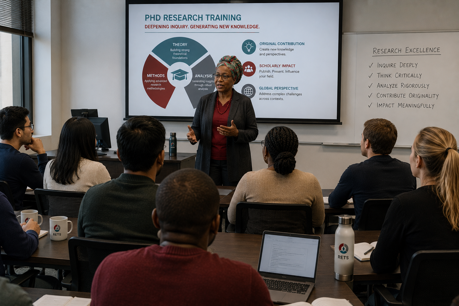 A female professor teaching a group of PhD students